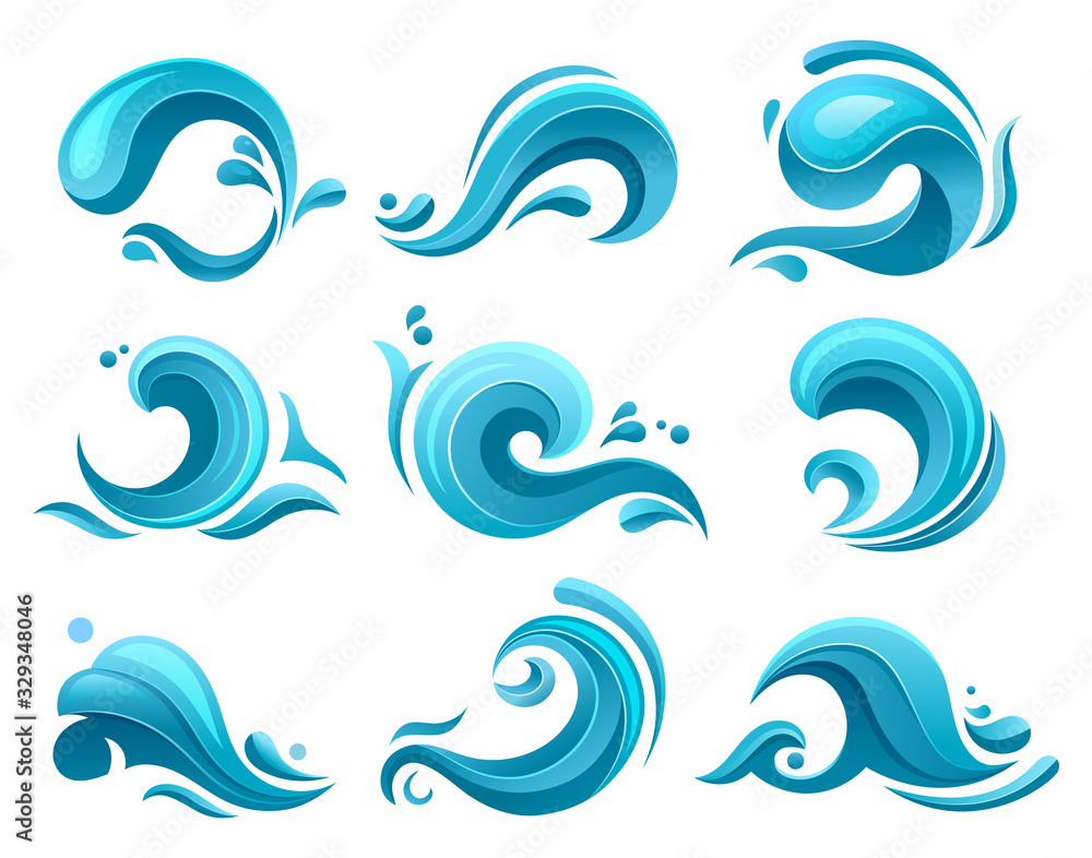 Flat cartoon water waves, ocean and sea splashes Flat cartoon water waves, ocean and sea splashes