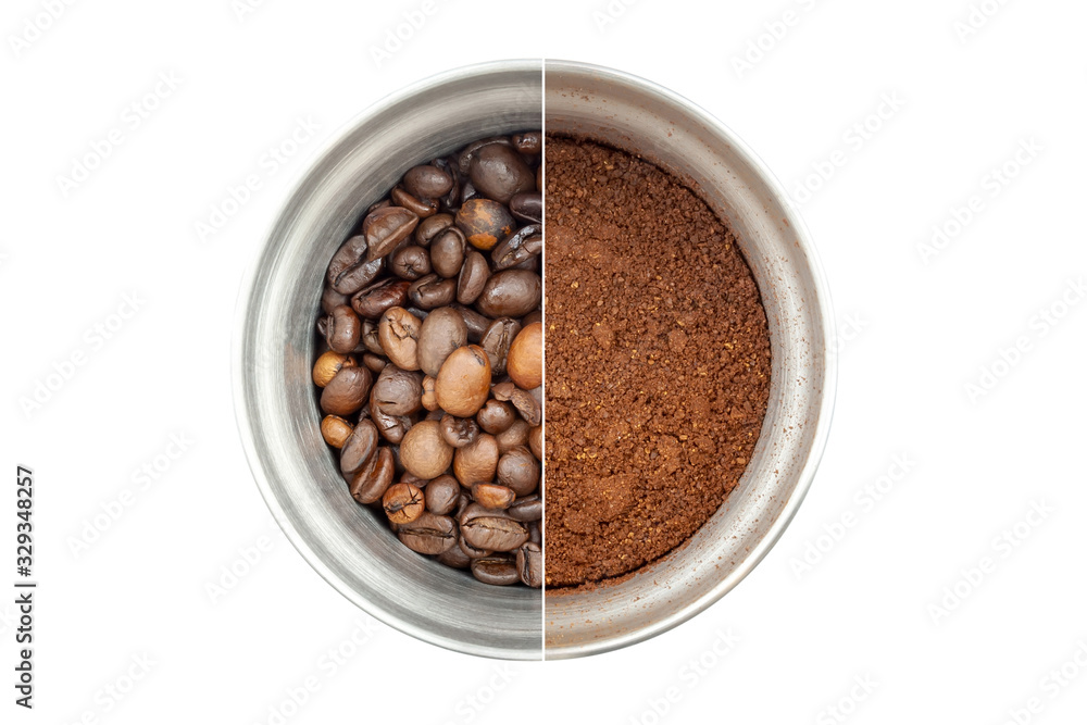 Fototapeta premium Collage of two photos of a steel coffee grinder, top view: with whole coffee beans and with ground coffee. Isolated on white background