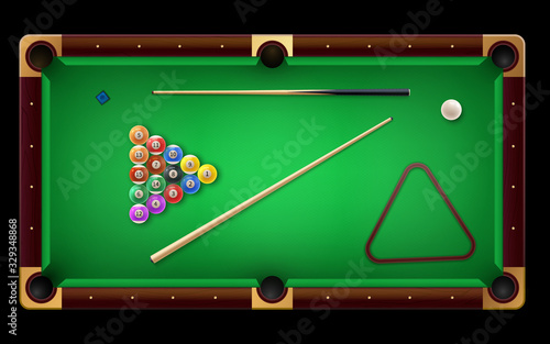 American Pool table with pool cue and glossy balls and other equipment. Vector realistic 3D detailed colorful illustration.