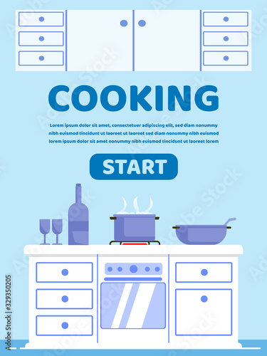 Advertising Poster Inscription Cooking Cartoon. Banner Communicative Space Family or Home Leisure. Modern Kitchen Interior with Equipment and Products. Vector Illustration Landing Page.