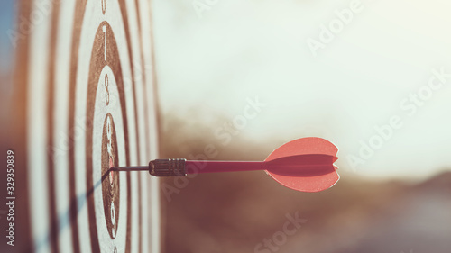 Close up red dart arrow hitting target center dartboard on sunset background. Business targeting and focus concept.