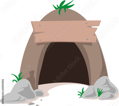 Cartoon cave entrance with signboard