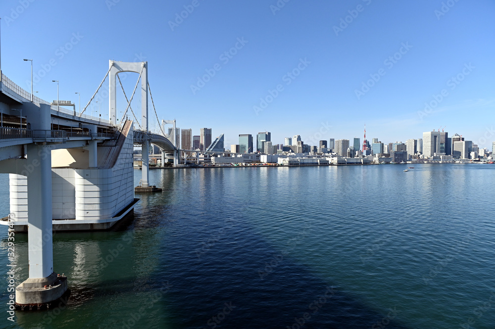 ２０２０年東京オリンピックの年の東京の風景　レインボーブリッジと１月の東京湾の風景