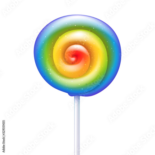 Colorful rainbow lollipop - sweet hard candy on stick.