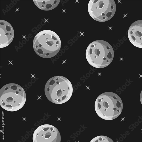 Seamless vector pattern with Moon on black background. Flat cartoon collection of heavenly bodies. Design for web page backgrounds, fabric, wallpaper, textile and decor.
