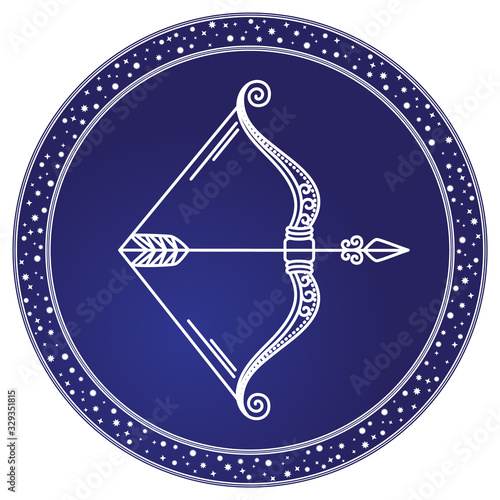 Sagittarius decorative design of mutable zodiac sign used for horoscopes and predictions. Isolated icon of ninth symbol of astrology. Element of archer with bow and arrow. Vector in flat style
