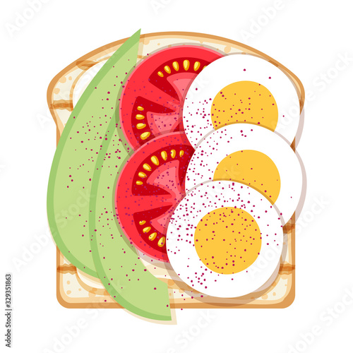 Open sandwich with eggs, avocado and tomatoes.