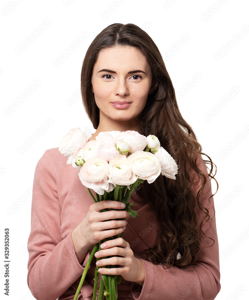 Beautiful young woman with dark long hair with a bouquet of delicate flowers . Beautiful young woman with dark long hair with a bouquet of delicate flowers .