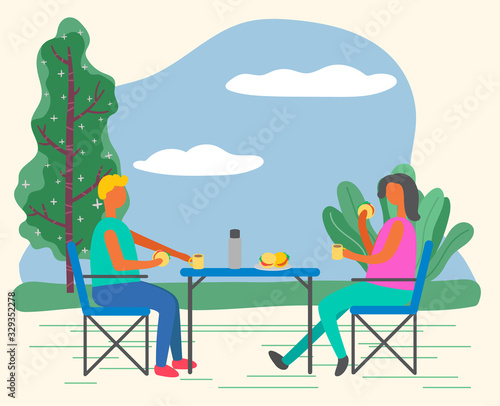 Woman and man have picnic outdoor in forest. Couple spend leisure time on fresh air sitting on garden chairs by table. People eating food like hamburgers. Summer activity, camping. Vector illustration