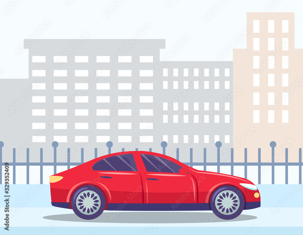 Car driver traveling along city center buildings. Architecture of modern towns. Downtown with estates and fences. Vehicle on street, transport on roads. Grey urban area. Vector in flat style