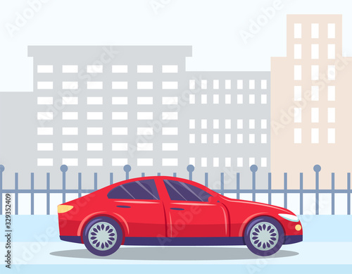 Fototapeta Naklejka Na Ścianę i Meble -  Car driver traveling along city center buildings. Architecture of modern towns. Downtown with estates and fences. Vehicle on street, transport on roads. Grey urban area. Vector in flat style