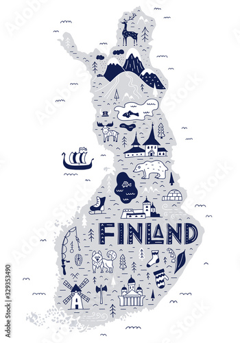 Touristic map of Finland hand-drawn in doodle style. The main symbols and attractions of the country with lettering. Vector illustration in Scandinavian style. Travel poster.