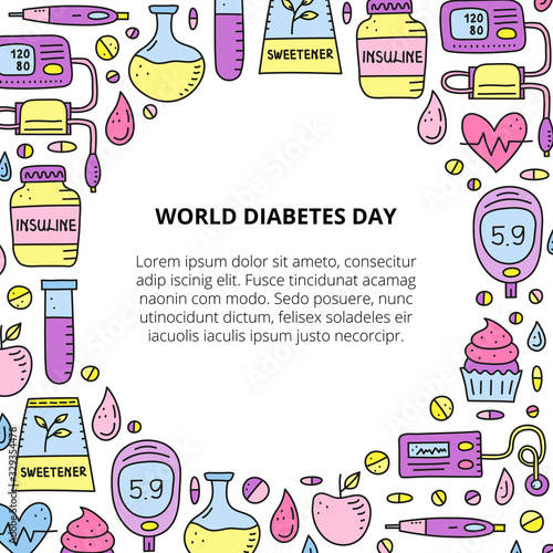 Poster with doodle colored diabetes items, including insulin pen, pump, tonometer, blood drop, glucometer, cupcake, flask, sweetener, heart, test tube and text isolated on white background.