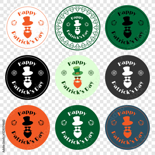 Happy Patrick's Day vector illustration of festive design. A set of several options. Bright stickers with all sorts of decor and text. Design of banner, poster, flyer, greeting card, logo etc.