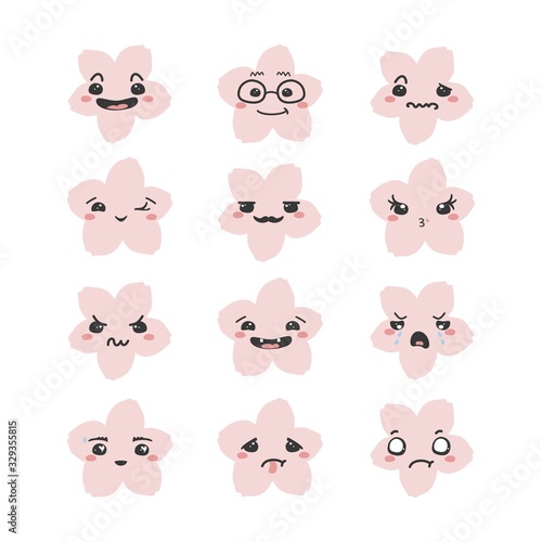 Set of sakura flowers with cartoon kawaii faces, different emotions. Vector flat illustration.
