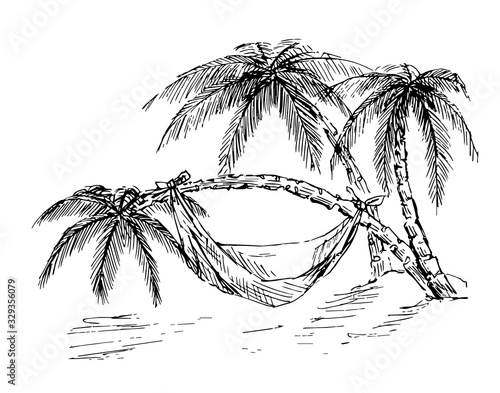 The three Palm trees with a hammock. Hand drawn graphics sketch 
