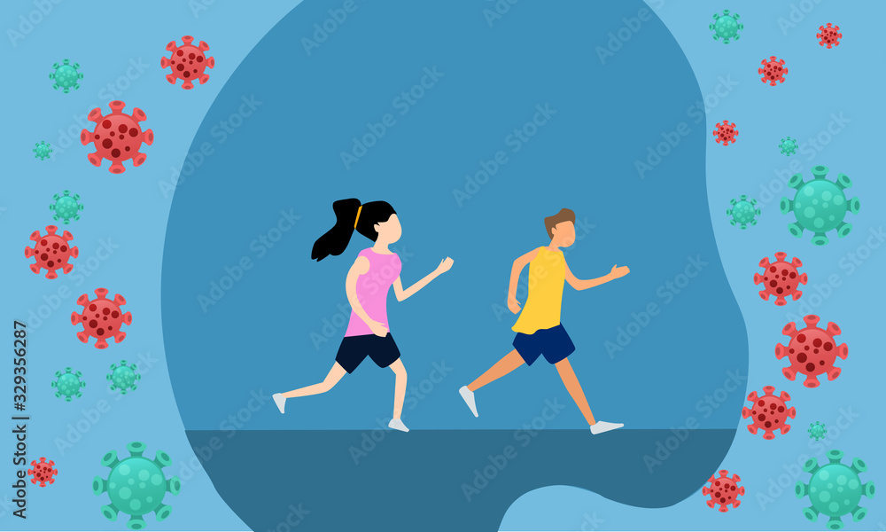 Young adult people  running,humen protect virus flat design.