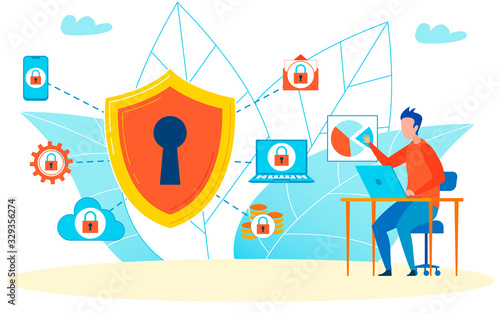 Antivirus Protecting Different Aspects of Online. Developer Talking About Cybersecurity, Personal Data Protection Cartoon Illustration. Protection from Hackers, Bots. Creating Internet Safety Measures