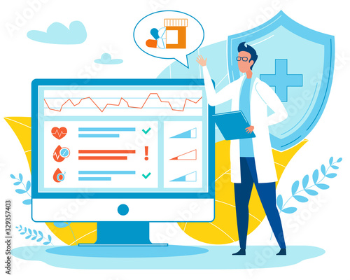 Diagnostics and Medical Consultation Application on Computer Flat Cartoon Vector Illustration. Digital Health Concept with Doctor Analysing Indicators and Prescribing Pills. Innovative Technology.