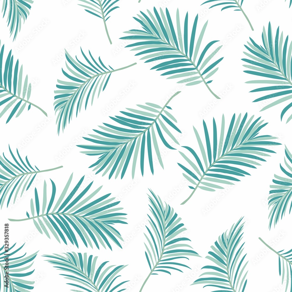 Nature seamless pattern. Hand drawn tropical summer background: mint palm tree leaves background.