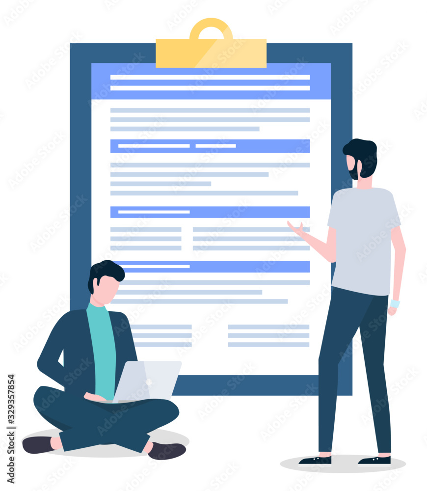 Man stand near big clipboard with document at office. Coworkers talking with each other about work. Guy sitting on floor and working on electronic device, laptop. Vector illustration in flat style Man stand near big clipboard with document at office. Coworkers talking with each other about work. Guy sitting on floor and working on electronic device, laptop. Vector illustration in flat style