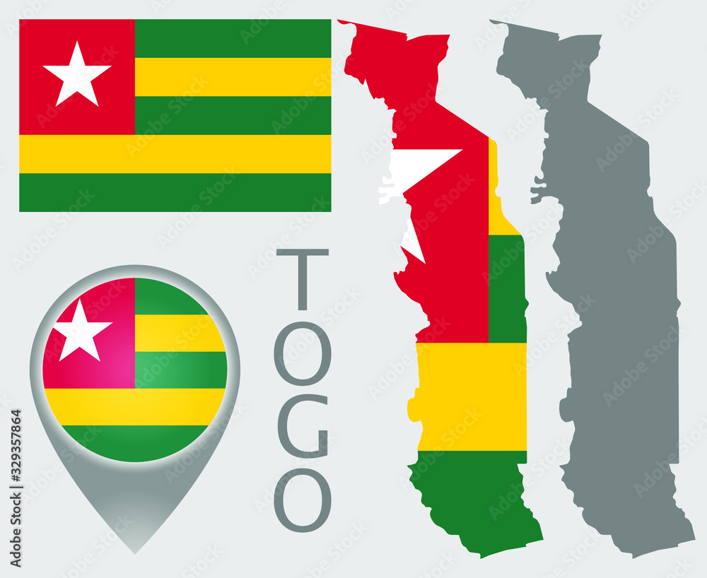 Obraz premium Colorful flag, map pointer, map of Togo in the colors of the togolese flag and blank map. High detail. Vector illustration
