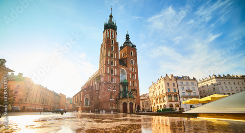 St. Mary's Basilica on the Krakow Main Square (Rynek Glowny) during the sunrise, Poland