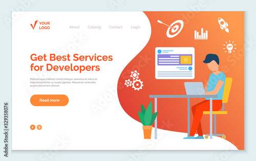 Useful resources and tools for developers and coders. Programmer using laptop to cope with task and aims at work. Male with info and statistics. Website or webpage template, landing page vector