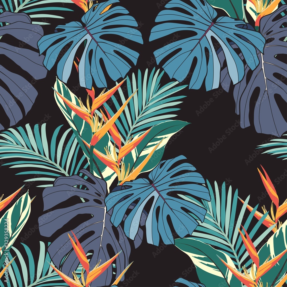 Fototapeta Bezszwowy tropikalny wzór, żywe liście tropików, z liśćmi palmowymi, kwiat rajskiego ptaka, heliconia w rozkwicie. Ciemne tło.