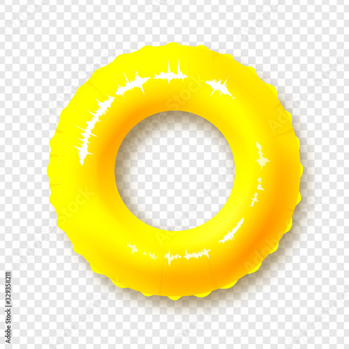 Bright yellow swimming circle. Realistic summer illustration. Inflatable rubber toy for child safety.Lifebuoy. View from above. Isolated on transparent background. Vector illustration