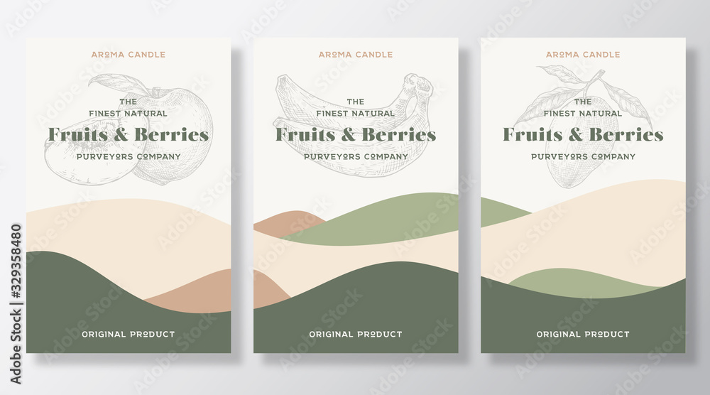 Aroma candle vector labels template collection. Fruits and berries scent from local purveyors advert design Sketch background layout with abstract waves decor Natural smell product package text space Aroma candle vector labels template collection. Fruits and berries scent from local purveyors advert design Sketch background layout with abstract waves decor Natural smell product package text space