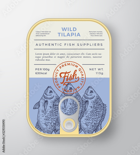 Canned River Fish Abstract Vector Aluminium Container Packaging Design or Label. Modern Typography Banner, Hand Drawn Tilapia Silhouette with Lettering Logo. Color Paper Background Layout.