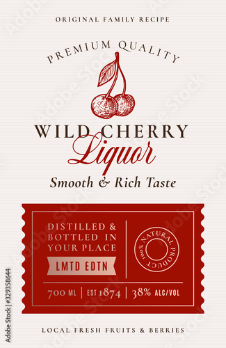 Family Recipe Cherry Liquor Acohol Label. Abstract Vector Packaging Design Layout. Modern Typography Banner with Hand Drawn Cherries Silhouette Logo and Background.