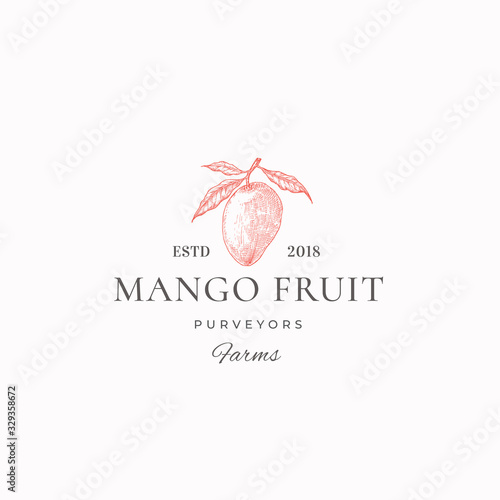 Mango Fruit Farms Abstract Vector Sign, Symbol or Logo Template. Hand Drawn Mango with Leaves Sketch with Retro Typography. Vintage Luxury Emblem.