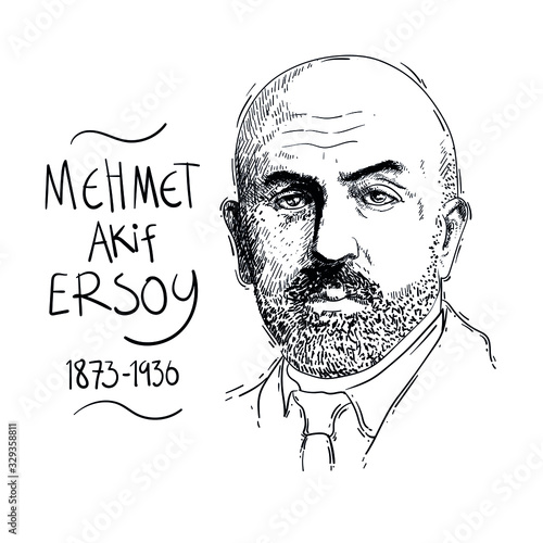 Hand drawn illustration of Mehmet Akif Ersoy (1873-1936) Turkish poet. the author of the Turkish National Anthem.