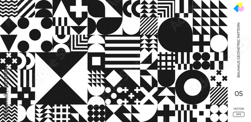 Bauhaus Swiss minimal pattern background, vector abstract geometric poster. Bauhaus monochrome background with geometric circle, triangle and square lines pattern