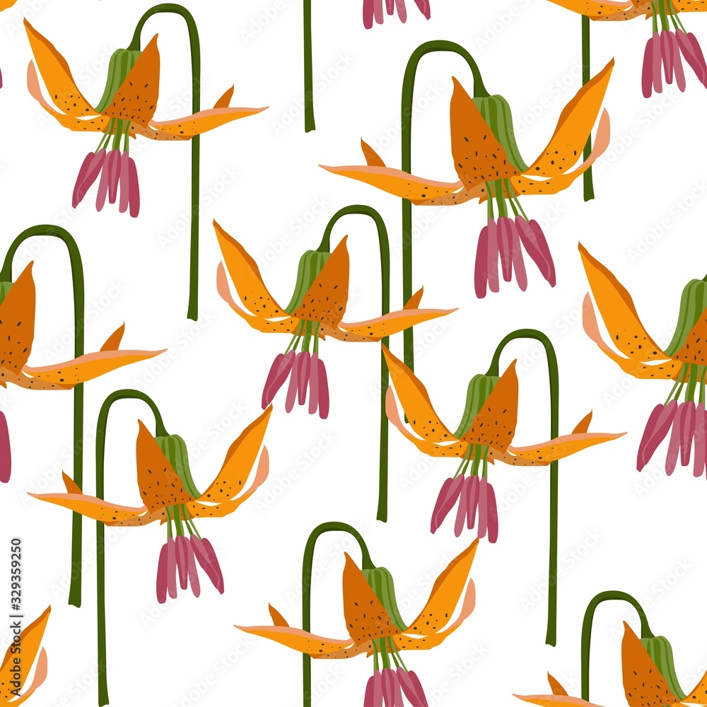 Obraz premium Orange lily flower seamless pattern on white background.