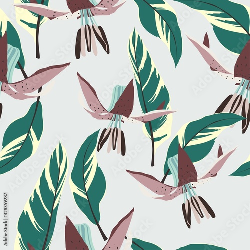 Seamless floral pattern of tropical lilies and exotic lives. Isolated on light pink background. Fabric texture. Wallpaper. Vintage illustration.