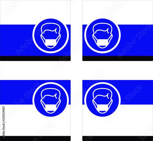 icon WEAR mask on blue white and black frame, use mask for safety, icon no naked light in right or left position, Must to do in the construction area.