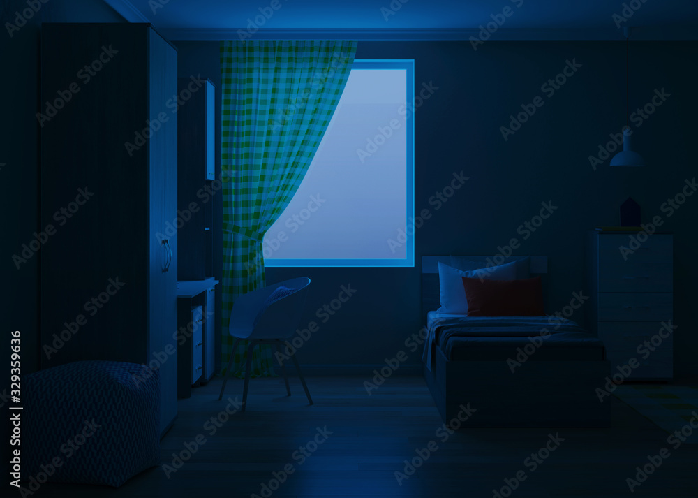Cozy stylish bedroom designed for a teenager. Night. Evening lighting. 3D rendering. Cozy stylish bedroom designed for a teenager. Night. Evening lighting. 3D rendering.