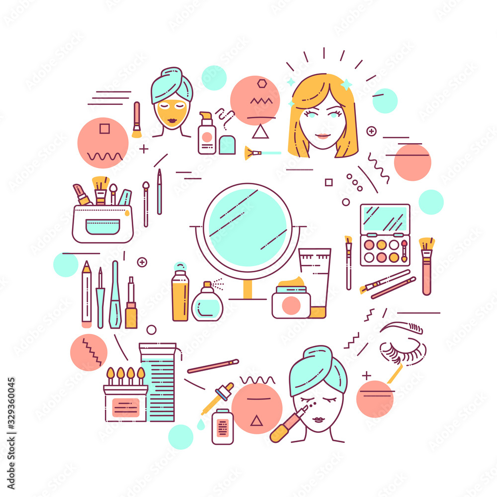 Facial makeup web banner. Cosmetic products. Feminine skincare. Infographics with linear icons on white background. Creative idea concept. Isolated outline color illustration Facial makeup web banner. Cosmetic products. Feminine skincare. Infographics with linear icons on white background. Creative idea concept. Isolated outline color illustration
