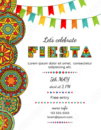 Lets celebrate fiesta announcing poster template with festive decorative elements.