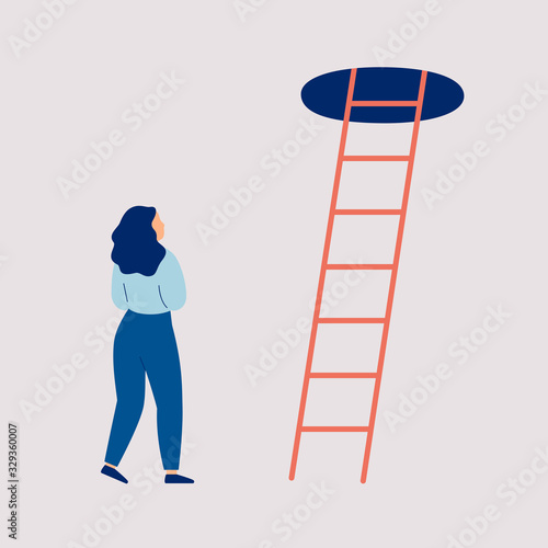 Young woman thinks to make a next step into the future. Girl in doubt and indecision stands of the stairs to the top. Concept of a difficult choice, decision making. Colorful vector