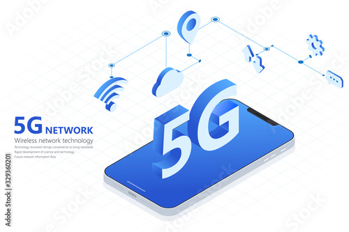 5G wireless network technology vector illustration, big letter 5G and smartphone isometric, mobile internet concept, digital service