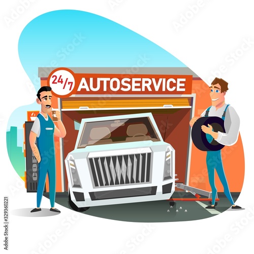 Skilled Auto Mechanic Male Team Changing Tires on Wheels Cartoon. Car on Adjustable Jack. Automotive Repair Shop, Garage. Professional Service Working Round-Clock. Vector Flat Illustration