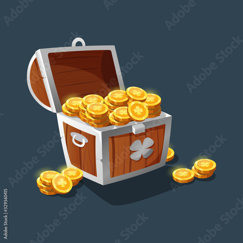 A chest of gold. Vintage wooden chest with goldens coins. Pirate coffer with gold. Cartoon old chest for the game interface.