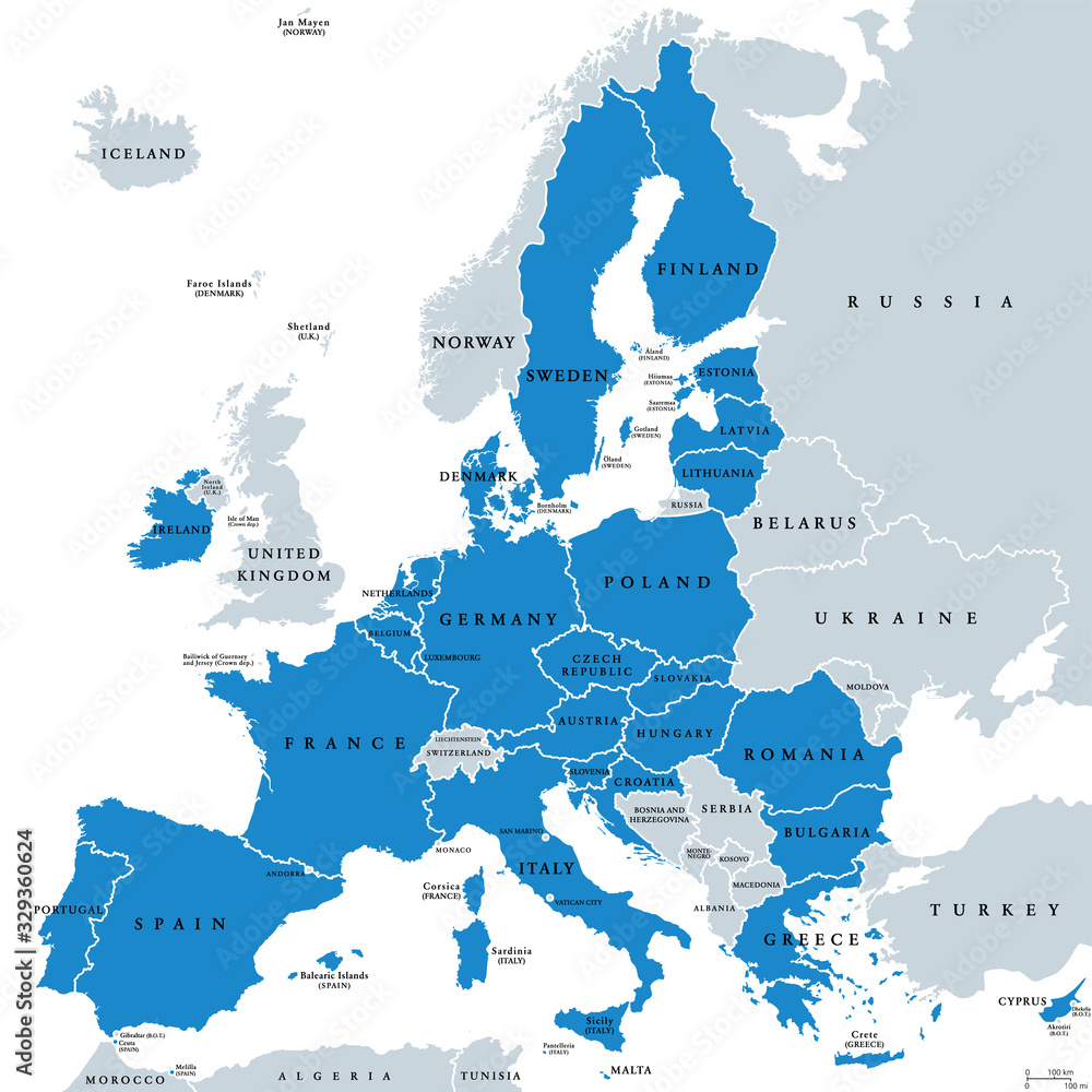 Fototapeta Political map of European Union member states. 27 EU member states, after United Kingdom left. Special member state territories are not included. Blue and gray illustration, English labeling. Vector.