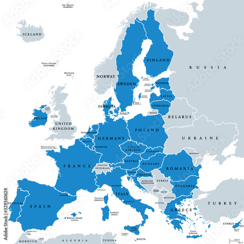 Fototapeta Naklejka Na Ścianę i Meble -  Political map of European Union member states. 27 EU member states, after United Kingdom left. Special member state territories are not included. Blue and gray illustration, English labeling. Vector.