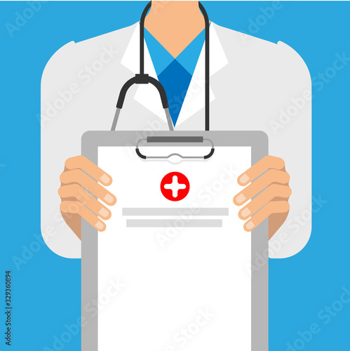 Close-up of a doctor in a lab coat holds the blank medical clipboard. Doctor shows empty clipboard to write it on your personal message or advice. Vector illustration.	