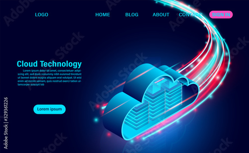 Cloud technology concept. online computing technology. big data flow processing concept. isometric flat design vector illustration